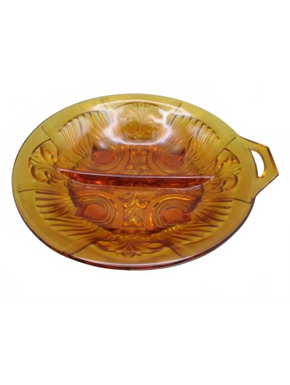 Vintage 1970s Tiara Indiana Glass Amber Divided Relish Dish Handled 8.25